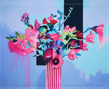 A colorful floral artwork featuring vibrant pink and blue flowers arranged in a striped vase against a light blue background.