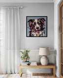 Framed painting of a dog on a wall above a wooden bench with decor items.