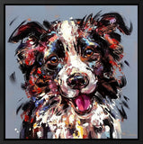 Colourful abstract painting of a dog's face on a grey background
