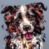 Colourful abstract painting of a dog's face on a grey background