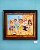 Framed artwork of four women in vintage swimwear on a blue wall.