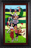 Cartoon-style painting of a golfing scene with colorful characters on a green field.