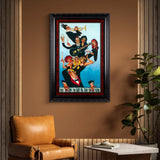 Framed artwork of musicians on a wall above a brown armchair.