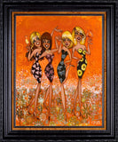 Artistic depiction of four women in colorful dresses on an orange background with a black frame.