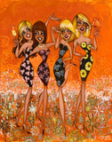 Four women in patterned dresses against an orange floral background