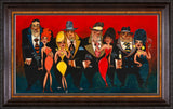 Illustration of a group of people and women in formal attire on a red background, framed in black.