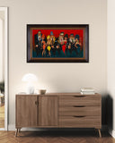 Framed artwork of a group of people on a red background above a wooden sideboard.
