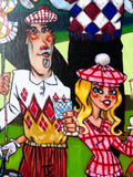 Artistic depiction of a man and woman in checkered outfits with a colorful background
