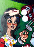 Colorful illustration of a character with a checkered outfit and another character holding a gun.