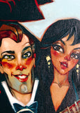 Illustration of a man and woman with dramatic makeup and costumes, possibly from a comic book or graphic novel.