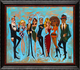 Colorful painting of seven stylized figures in formal attire against a blue background.