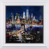 textured cityscape of skyline at night in white frame