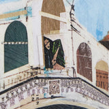 textured cityscape artwork of building and cut out of mona lisa and qr code.