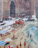 An abstract layered collage artwork depicting a beach scene with figures, umbrellas, a large red wheel-like form, and city buildings, rendered in mixed media with visible texture and paint strokes.