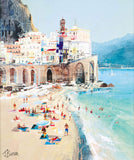 A colourful beach and coastal town painting with white buildings, blue water, sandy shore, beach umbrellas, swimmers, and a large stone structure in the foreground. The artwork fills the frame, so the depicted scene itself is the product.