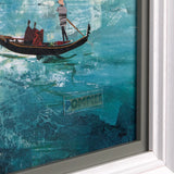 corner of textured cityscape artwork of body of water and gondola and the text 'pompier' overlayed.