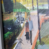 cityscape artwork featuring people walking surrounded by red trees
