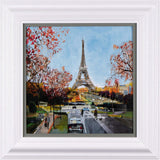 cityscape artwork of eiffel tower surrounded by red trees framed in white