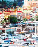 A colorful coastal cityscape artwork showing dense buildings, palm trees, a stone bridge, boats, and water, rendered in a painterly, textured style with many saturated hues.
