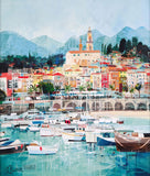 A colourful coastal town painting with a harbour filled with boats, pastel buildings, palm trees, a bridge, and blue mountains in the background.