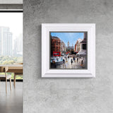 cityscape artwork on textured grey wall
