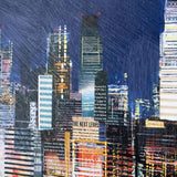 textured collage artwork of skyscrapers at night