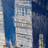 textured artwork with the text 'The City That Never Sleeps' overlayed on a skyscraper.
