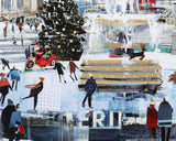 Collage of people ice skating on an outdoor rink with a Christmas tree in the background.