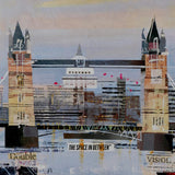Collage of a cityscape with prominent clock towers and text overlay.