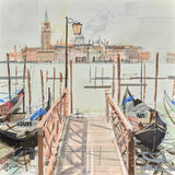 Iconic view of Venice's canals with idle pontoon boats at a dock