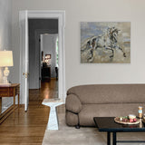 Living room with a horse painting on the wall, brown sofa, and coffee table.
