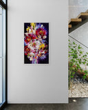 Colourful floral painting on a white wall with a modern interior setting.