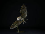 Statue of a tawny owl in flight against a black background