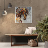 Living room with a horse painting on the wall, wooden bench, and decorative items.