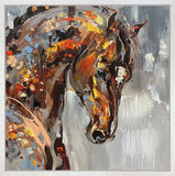 Abstract painting of a horse's head with warm colors on a gray background