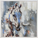 An expressive painting of a horse's head and neck rendered in white, gray, blue, brown, and black brushstrokes, with a light neutral border around the artwork.