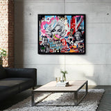 Modern living room with a colorful abstract art piece on the wall.