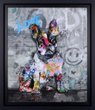 Colorful graffiti-style painting of a dog on a textured wall with 'LOVE' and 'BEST FRIEND' text.