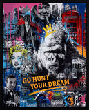 Collage-style artwork with a gorilla, Marilyn Monroe, and other elements on a colorful background.