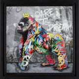 Colorful gorilla painting with graffiti-style text on a gray background