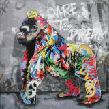 Colorful gorilla painting with graffiti-style text on a textured background