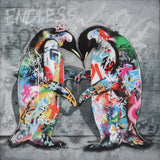 Colorful graffiti-style penguins holding hands on a gray background with 'ENDLESS' text.