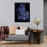 Framed artwork of two horses on a wall above a sofa with decorative pillows and a small table.