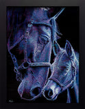 Framed artwork of two horses with bridles in a stylized, colorful design on a black background