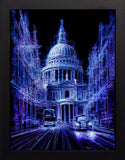 Framed art of a cathedral with a sketch design in blue and purple on a black background.