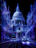 art of a london building with blue and purple lights on a black background