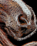 Abstract pattern of intertwined lines in orange, white, and gray on a black background