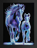 A framed artwork depicting two horses, an adult and a foal, rendered in glowing blue, purple, and white sketch-like lines against a black background.