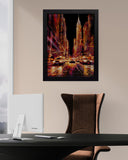 Framed cityscape artwork on a wall above a desk with a chair.