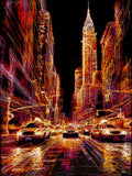 Abstract cityscape with illuminated buildings and cars on a dark background